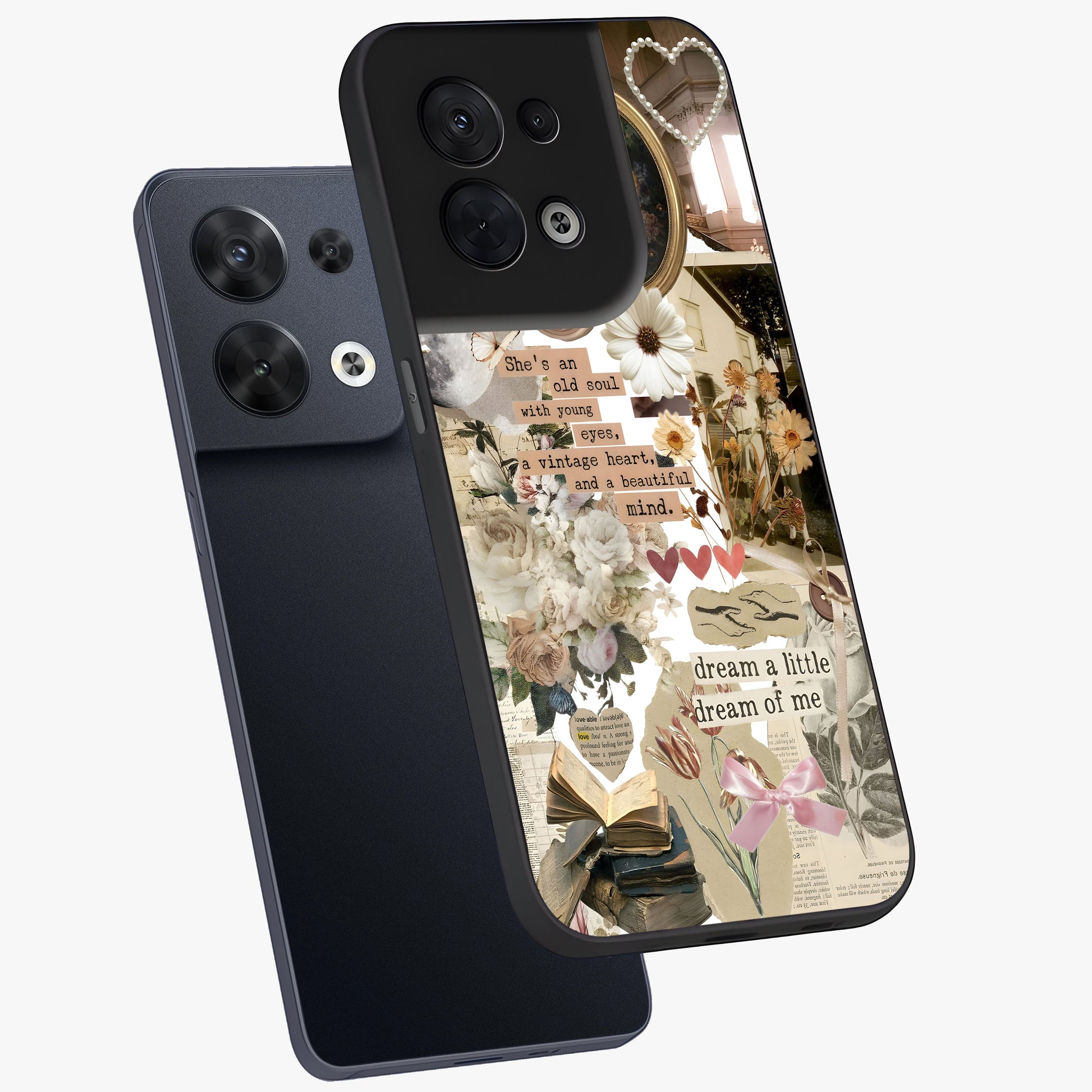 Aesthetic Brown Vintage Collage Glass Case displayed in angled mockup highlighting vintage aesthetic collage design.