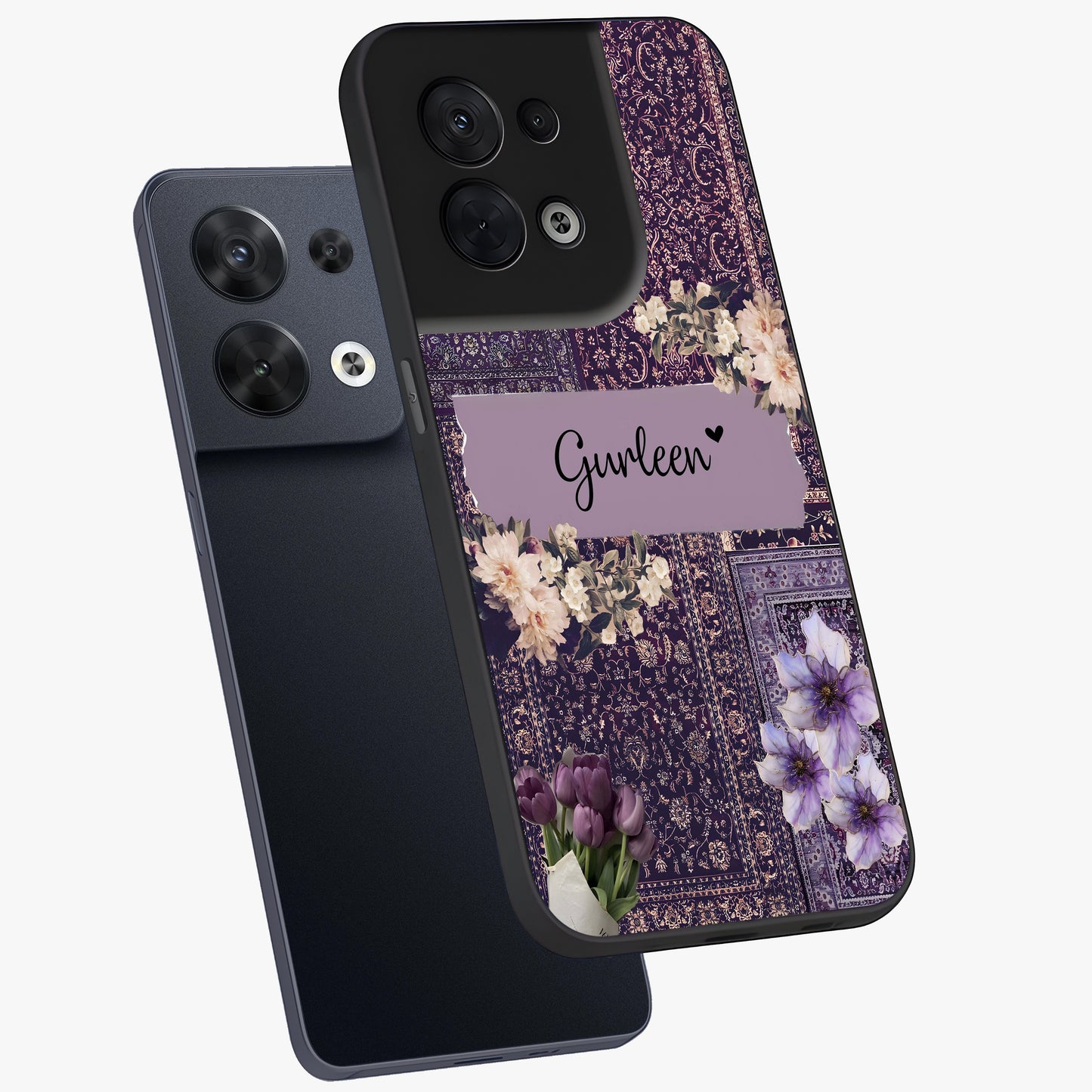 Antique Floral Whisper Custom Name Glass Case displayed in angled mockup highlighting elegant antique floral aesthetic.