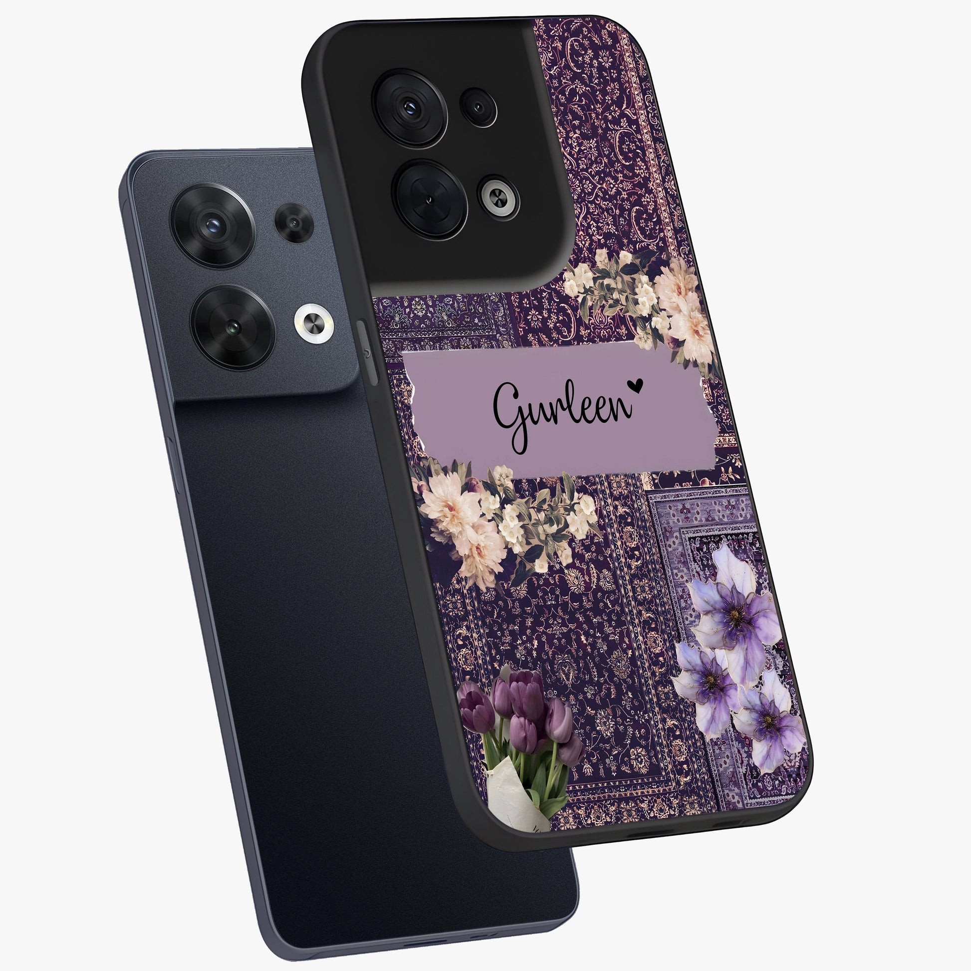 Antique Floral Whisper Custom Name Glass Case displayed in angled mockup highlighting elegant antique floral aesthetic.