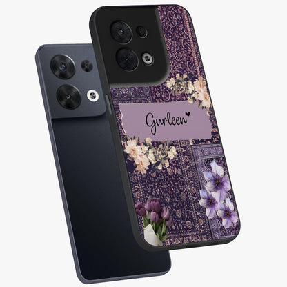 Antique Floral Whisper Custom Name Glass Case displayed in angled mockup highlighting elegant antique floral aesthetic.