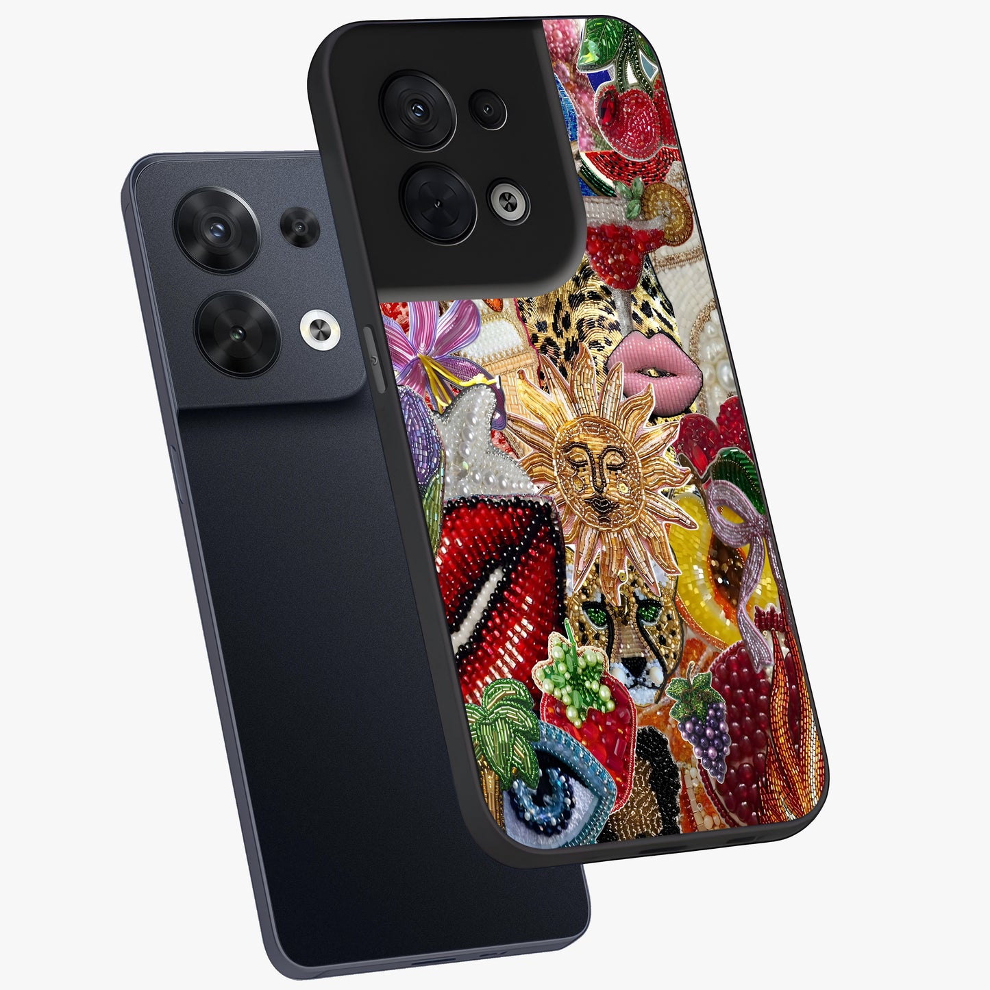Beaded Fashion Jungle Glass Case displayed in angled mockup highlighting colorful fashion bead design and artistic pattern.