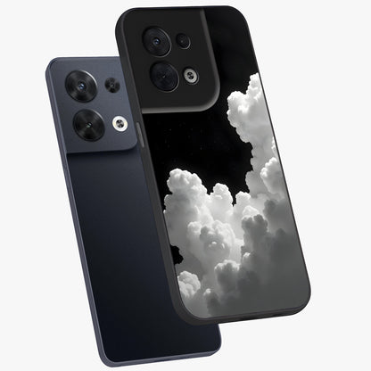 Black Background With White Cloud Glass Case displayed in angled mockup highlighting soft white cloud illustration and minimal design.