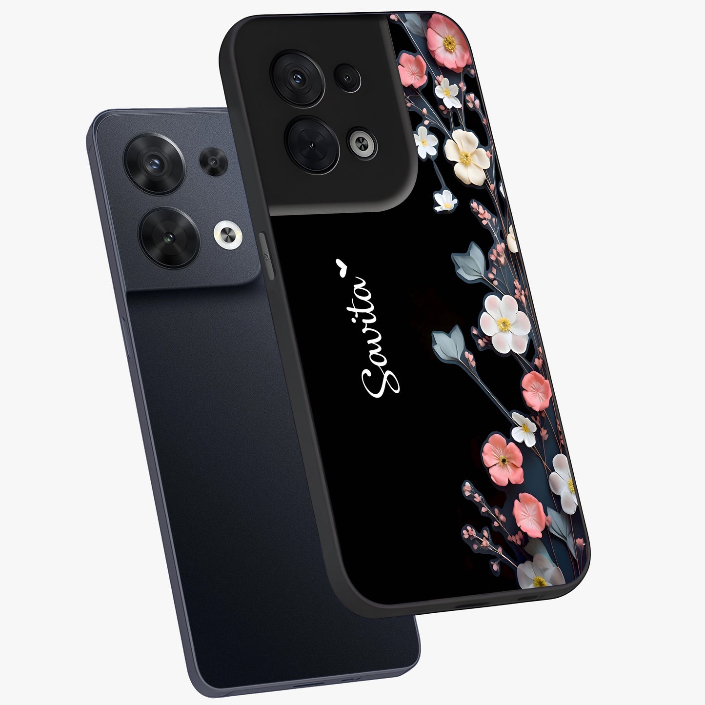 Black Elegance Floral Custom Name Glass Case displayed in angled mockup highlighting dark floral aesthetic and custom name feature.