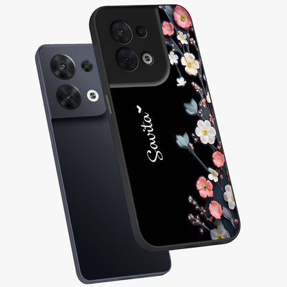 Black Elegance Floral Custom Name Glass Case displayed in angled mockup highlighting dark floral aesthetic and custom name feature.