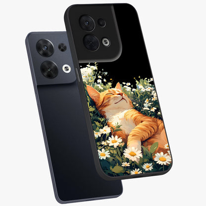 Blissful Bloom Cat Glass Case displayed in angled mockup highlighting playful feline illustration with soft floral aesthetic.