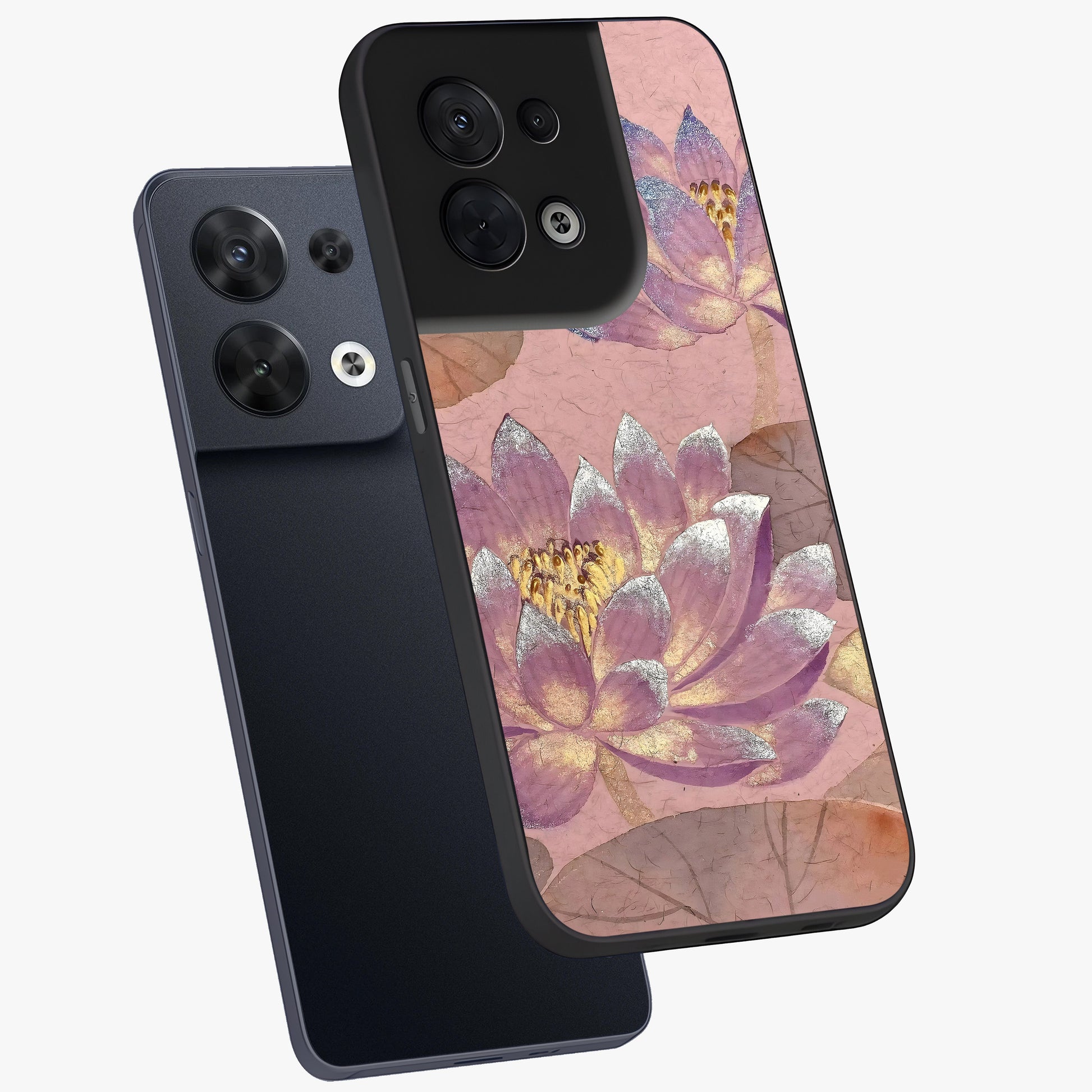 Blossom Mist Lotus Glass Case displayed in angled mockup highlighting delicate lotus illustration with calm aesthetic theme.