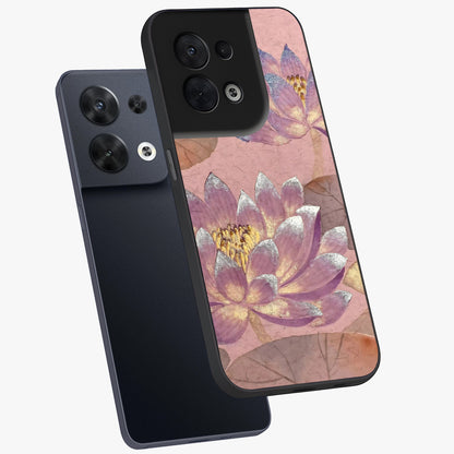 Blossom Mist Lotus Glass Case displayed in angled mockup highlighting delicate lotus illustration with calm aesthetic theme.