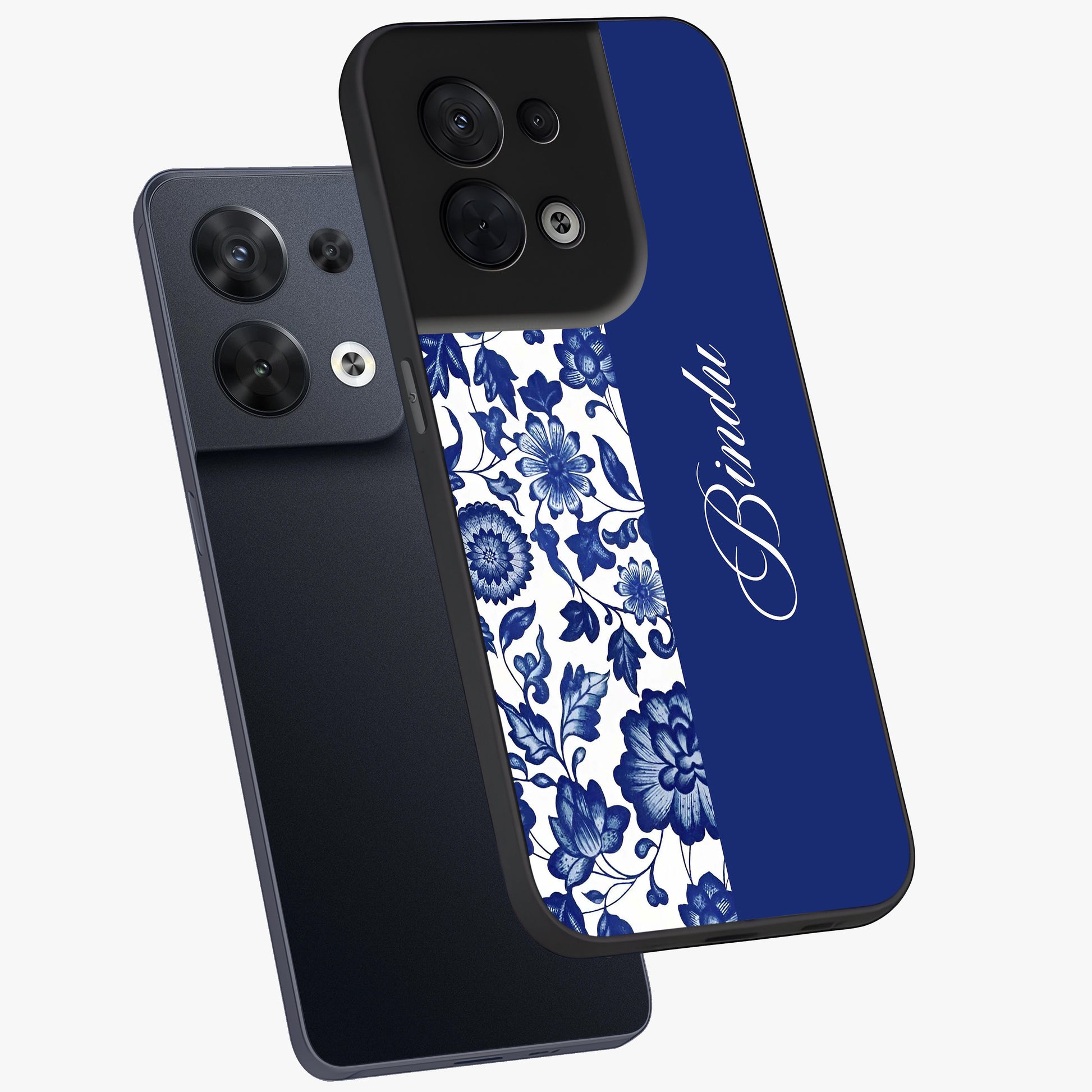 Blue Vintage Floral Pattern Glass Case displayed in angled mockup highlighting subtle bloom pattern with aesthetic pastel design.