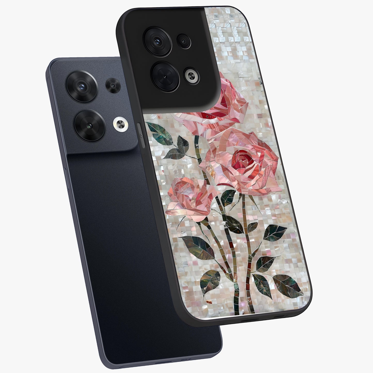 Blush Mosaic Bloom Glass Case displayed in angled mockup highlighting artistic mosaic flower pattern with aesthetic design.