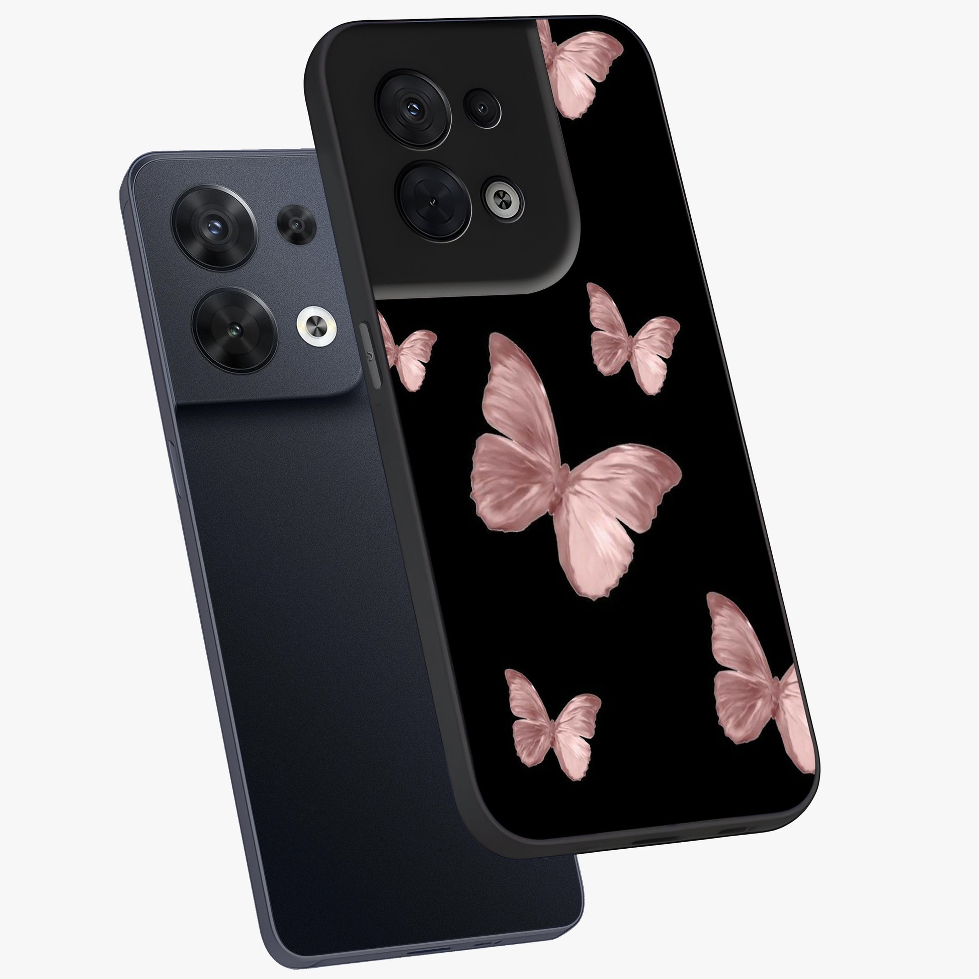 Butterfly Pattern Glass Case displayed in angled mockup highlighting delicate butterfly design and aesthetic pattern style.
