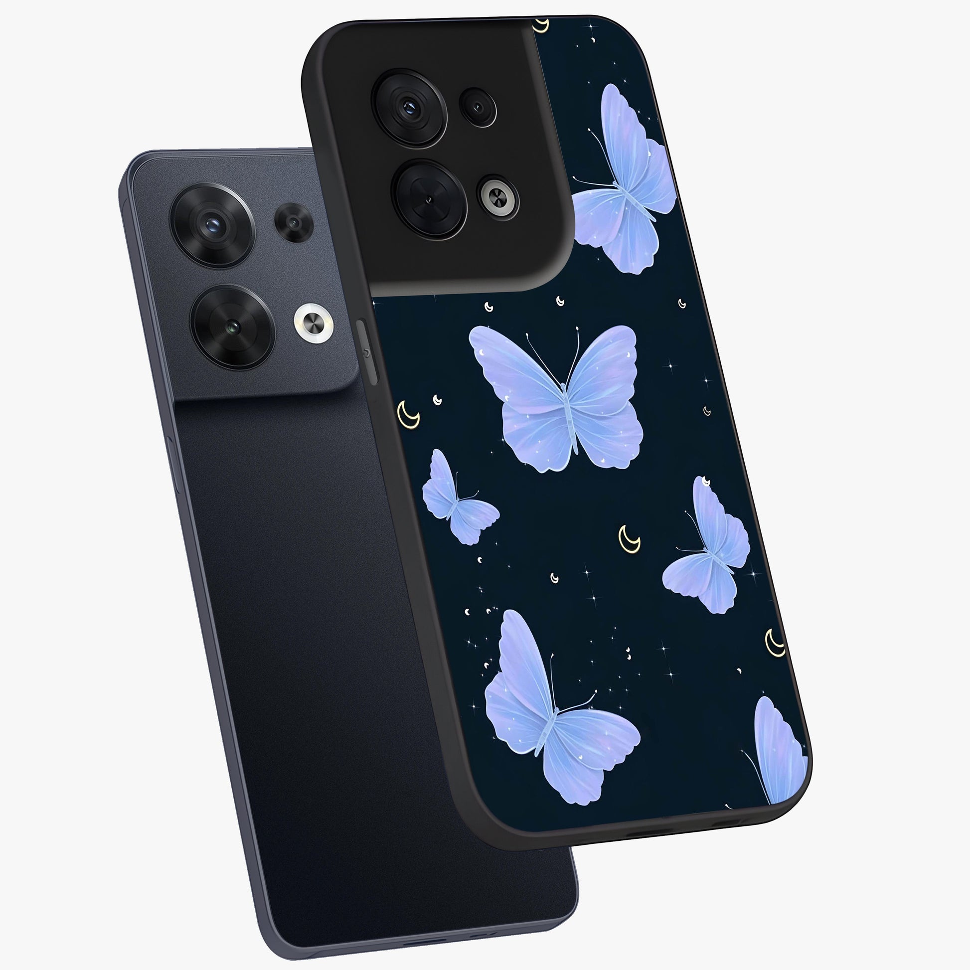 Butterfly With Stars Pattern Glass Case displayed in angled mockup highlighting dreamy butterfly and star design with aesthetic theme.