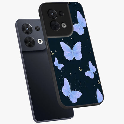 Butterfly With Stars Pattern Glass Case displayed in angled mockup highlighting dreamy butterfly and star design with aesthetic theme.