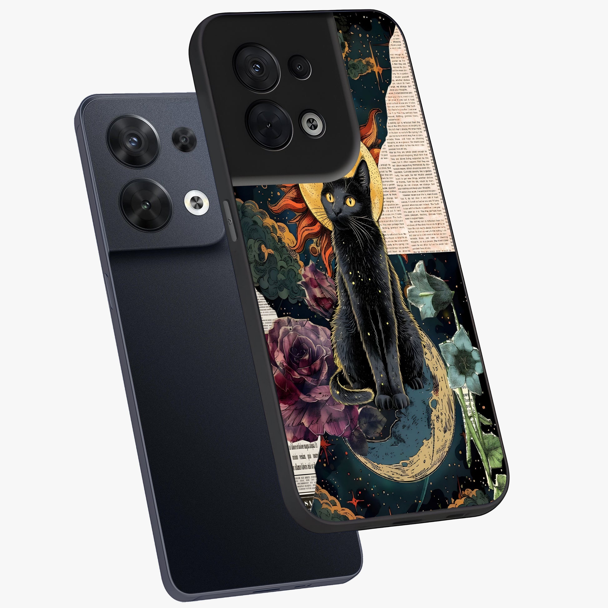 Celestial Black Cat Glass Case displayed in angled mockup highlighting cosmic black cat design with celestial aesthetic.