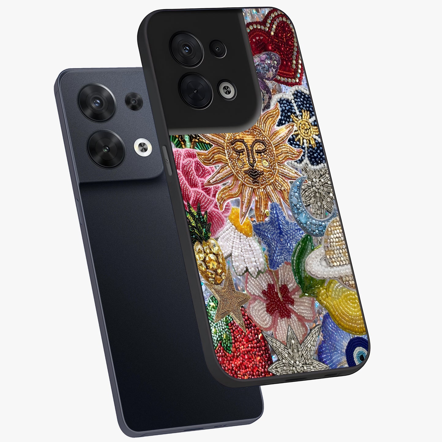 Celestial Floral and Playful Glass Case displayed in angled mockup highlighting playful floral design with dreamy celestial elements.