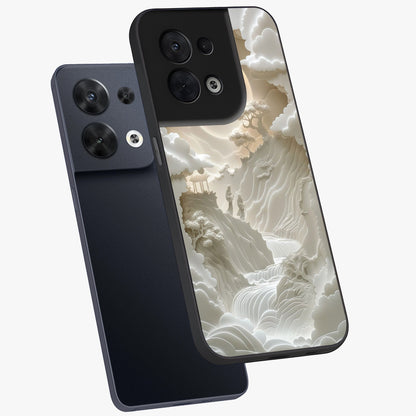 Celestial Origami Glass Case displayed in angled mockup highlighting geometric origami design with cosmic aesthetic theme.
