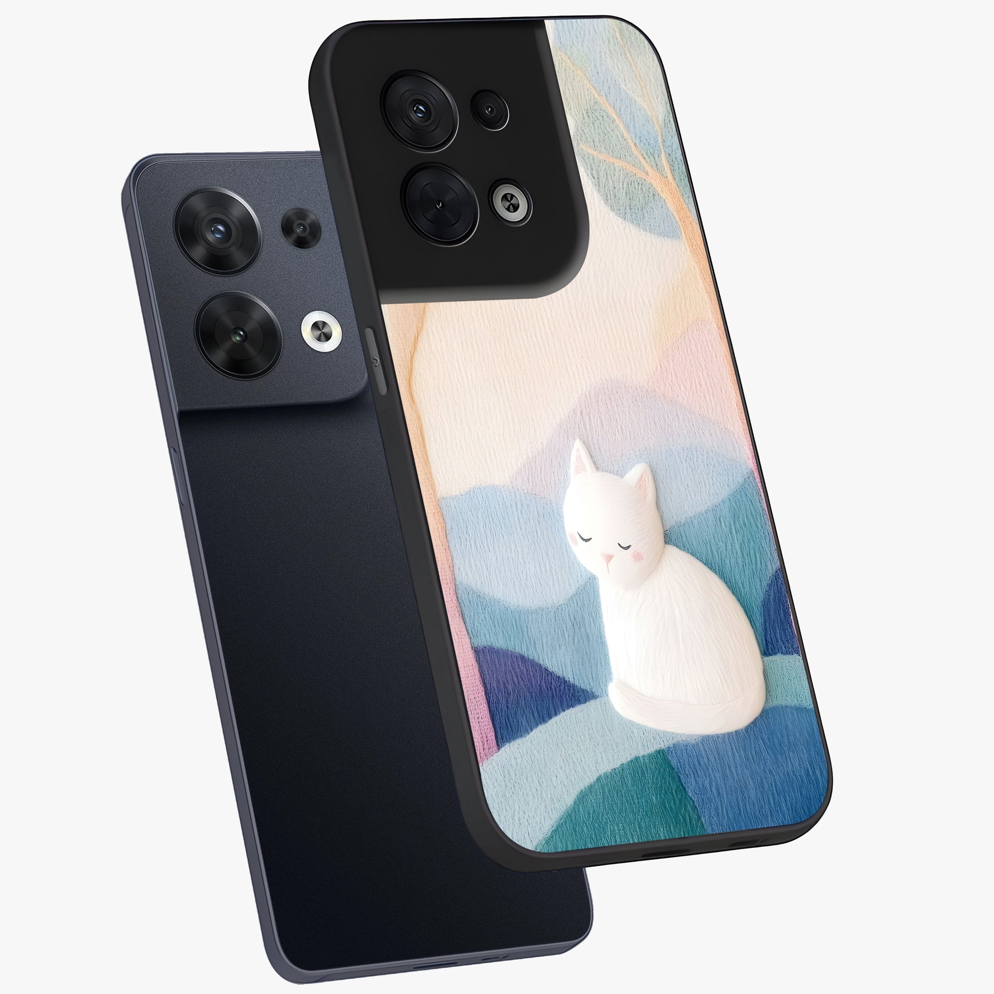 Cotton Dream Cat Glass Case displayed in angled mockup highlighting cute feline illustration with pastel aesthetic style.