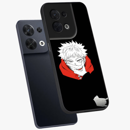 Crimson Chaos Smile Glass Case displayed in angled mockup highlighting edgy crimson smile design with graphic aesthetic.