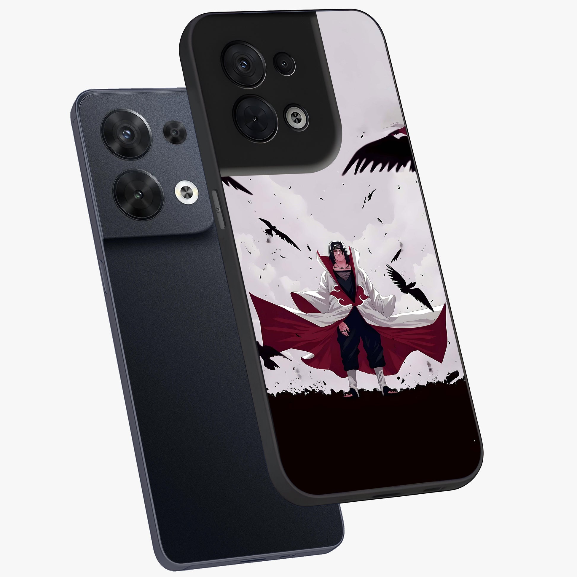 Crimson Crow Ascension Glass Case displayed in angled mockup highlighting powerful crow illustration with dark crimson aesthetic.