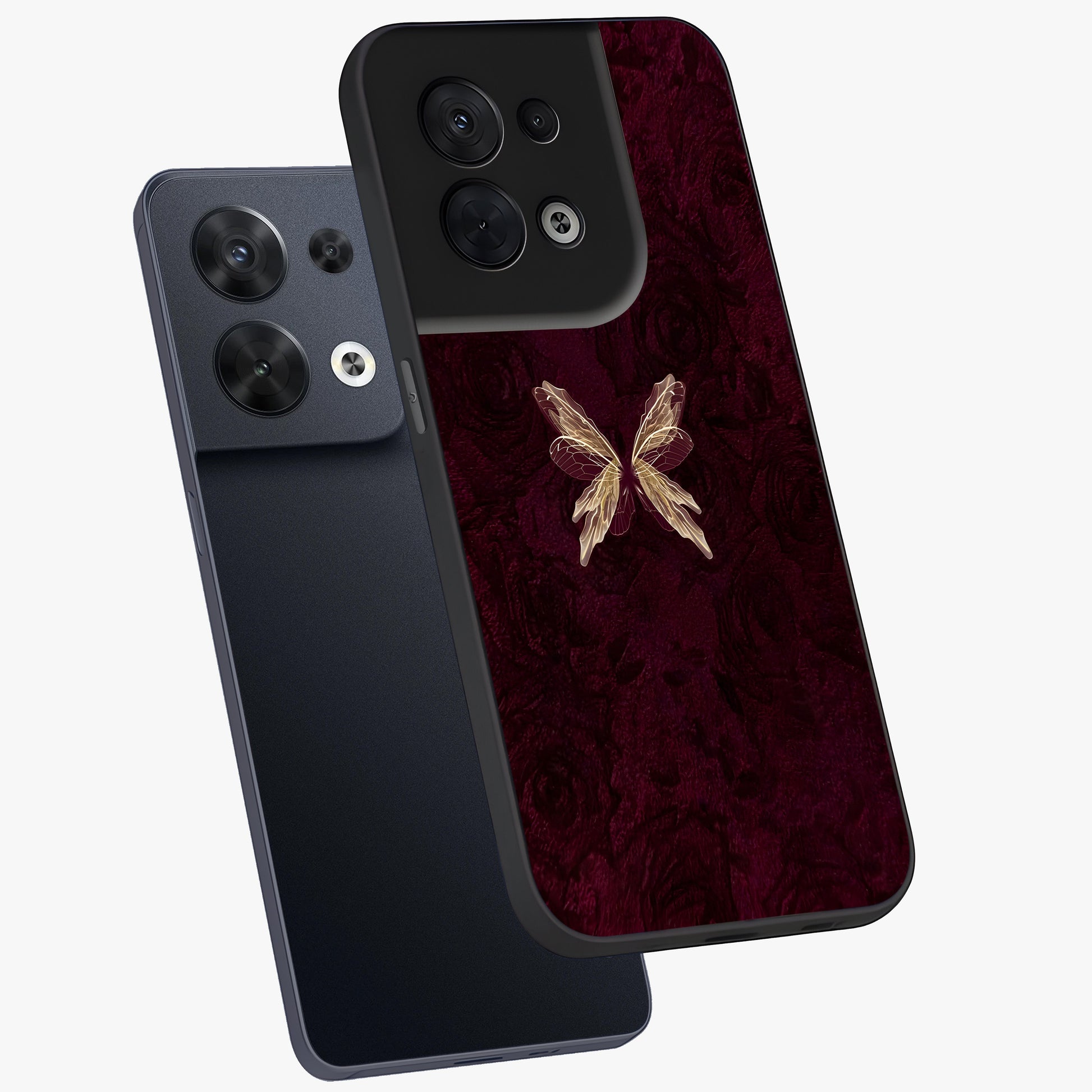 Crimson Fade Butterfly Glass Case displayed in angled mockup highlighting elegant butterfly design with crimson gradient aesthetic.