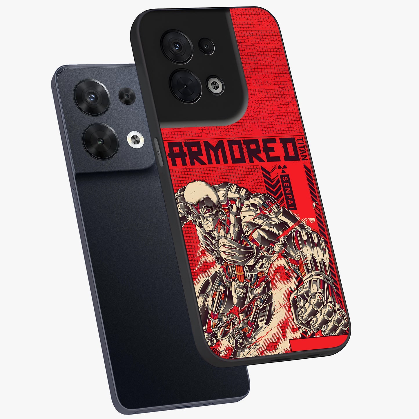 Crimson Mecha Titan Glass Case displayed in angled mockup highlighting futuristic mech illustration with bold crimson aesthetic.