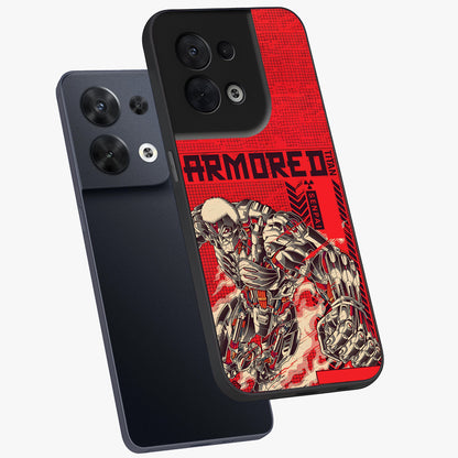 Crimson Mecha Titan Glass Case displayed in angled mockup highlighting futuristic mech illustration with bold crimson aesthetic.