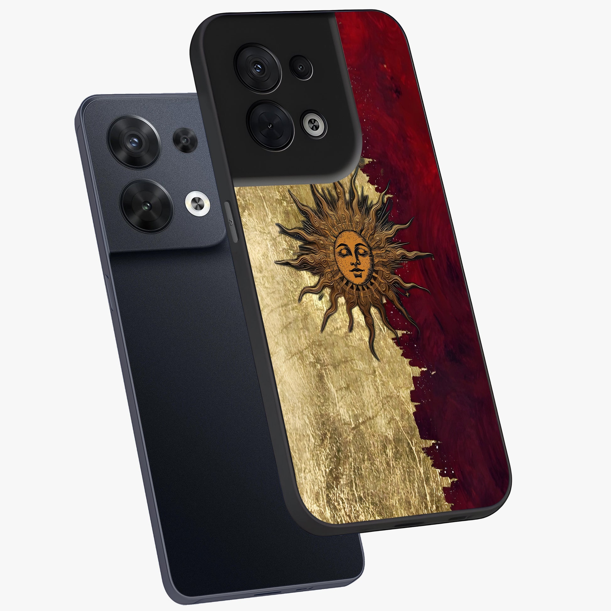 Crimson Sun Majesty Glass Case displayed in angled mockup highlighting majestic crimson sun design with bold aesthetic style.
