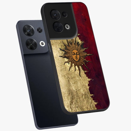 Crimson Sun Majesty Glass Case displayed in angled mockup highlighting majestic crimson sun design with bold aesthetic style.