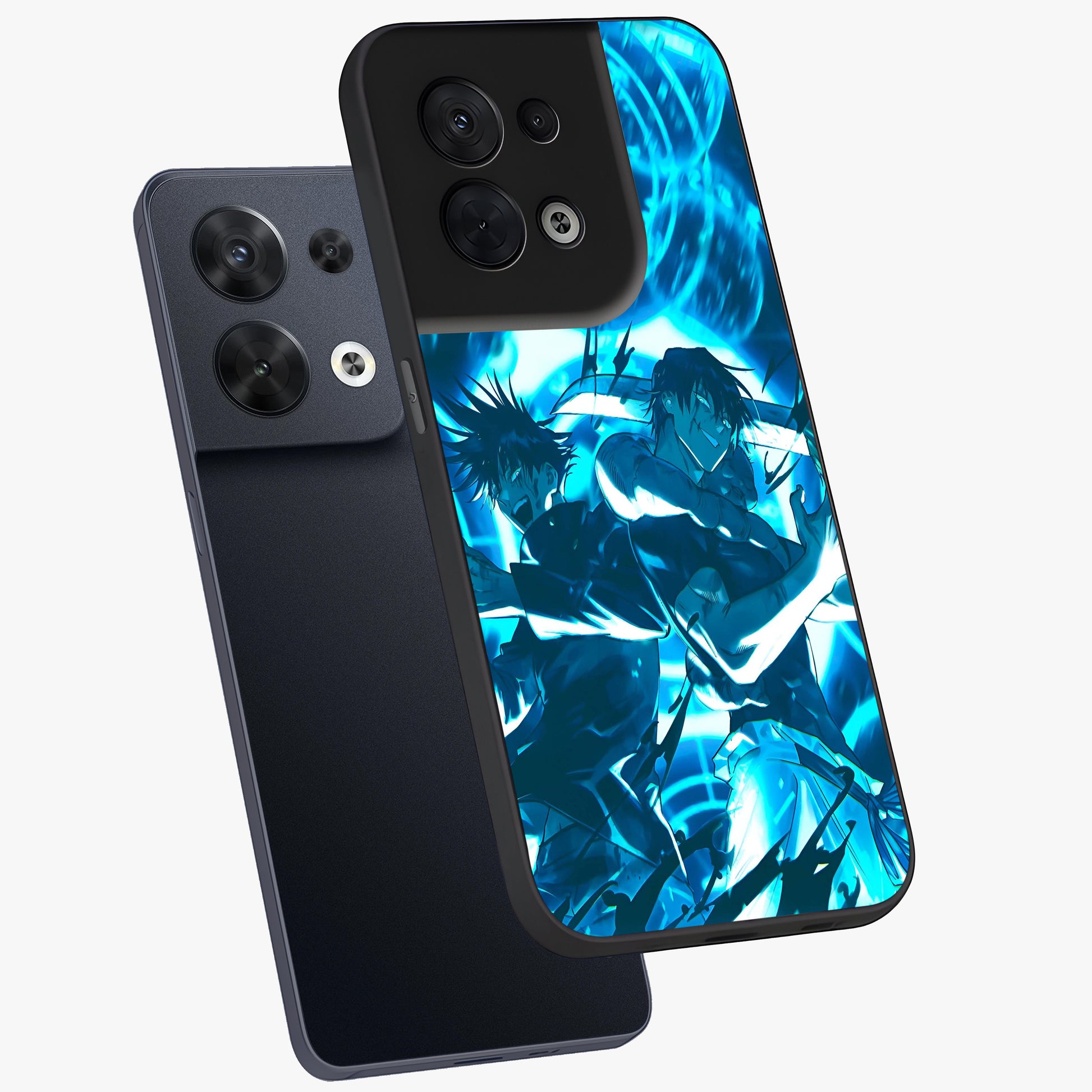 Cursed Energy Clash Glass Case displayed in angled mockup highlighting powerful battle inspired graphic with anime style aesthetic.