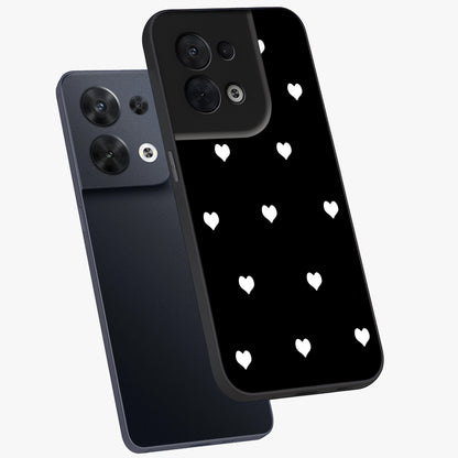 Cute And Simple White Hearts Glass Case displayed in angled mockup highlighting cute heart design with clean aesthetic style.