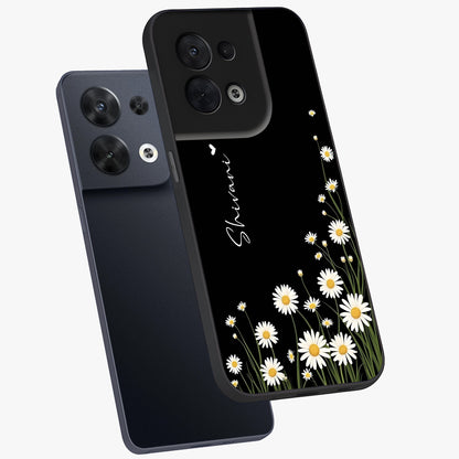 Daisy Cascade Custom Name Glass Case displayed in angled mockup highlighting delicate daisy artwork with custom name feature.