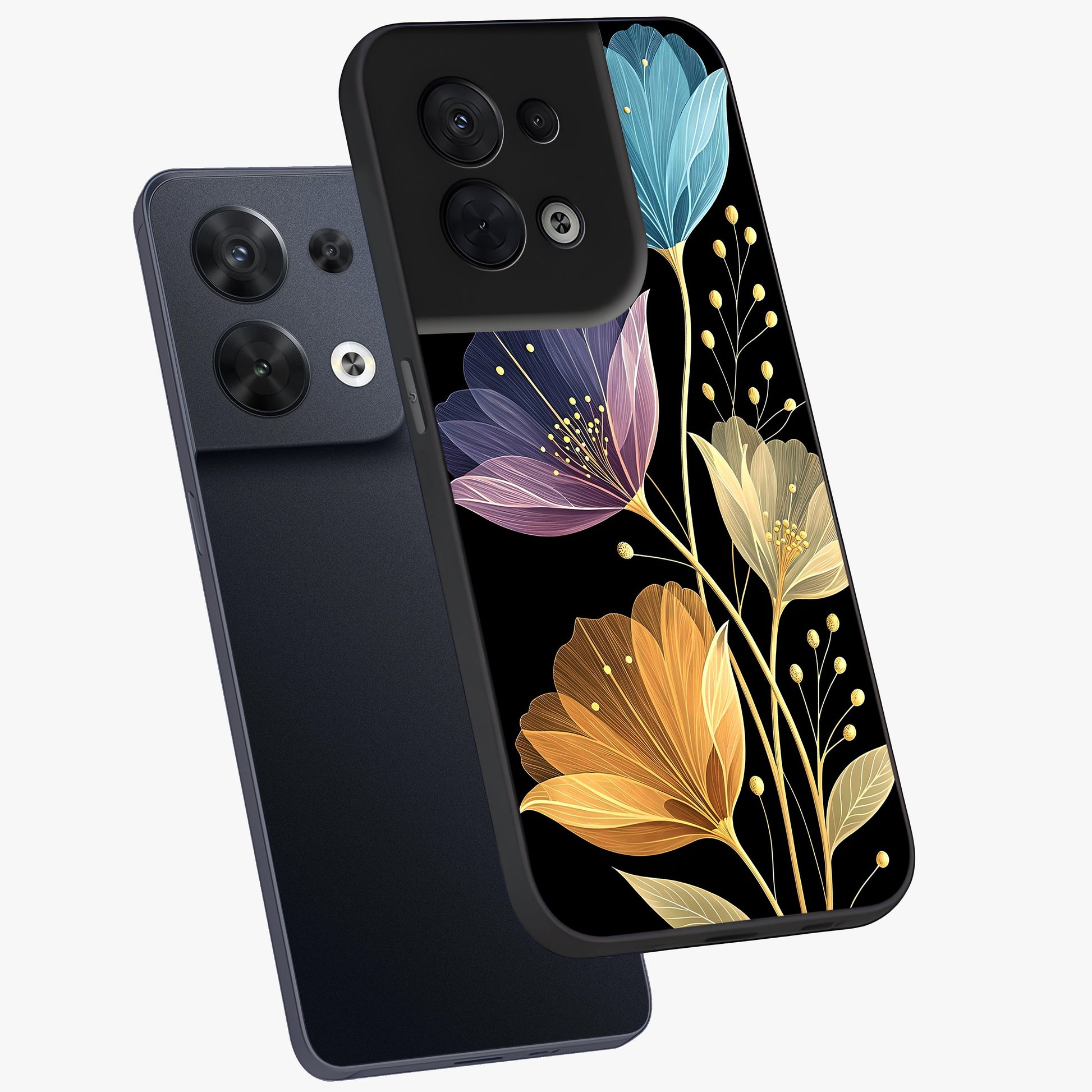Delicate Multicolor Flowers Glass Case displayed in angled mockup highlighting colorful flower pattern with soft aesthetic style.