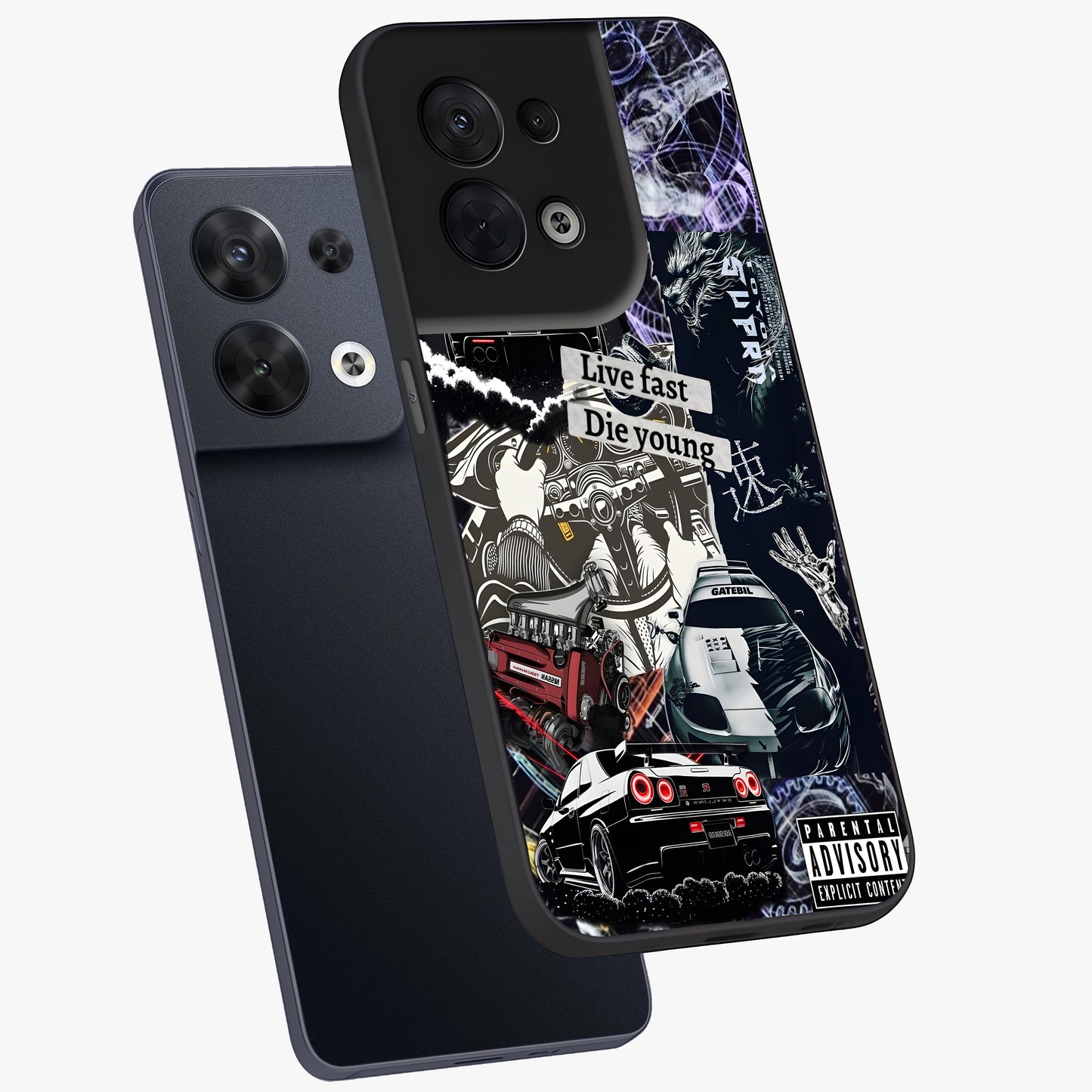 Die Young Glass Case displayed in angled mockup highlighting expressive graphic artwork with edgy aesthetic style.
