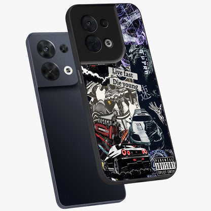 Die Young Glass Case displayed in angled mockup highlighting expressive graphic artwork with edgy aesthetic style.