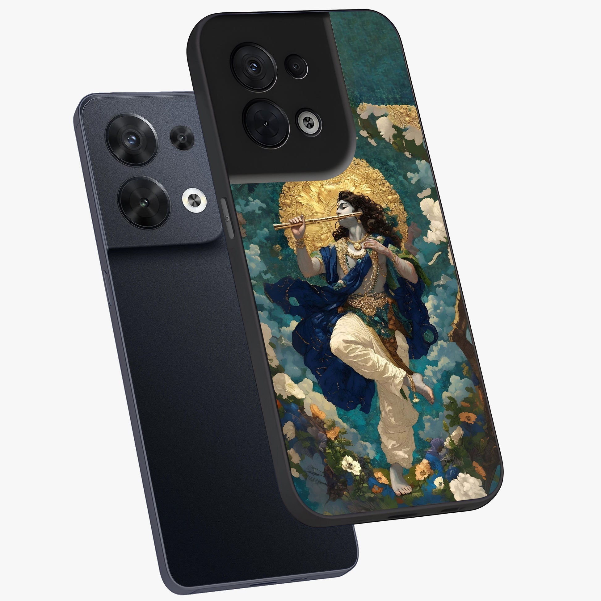 Divine Krishna Art Glass Case displayed in angled mockup highlighting spiritual Krishna illustration with devotional aesthetic.