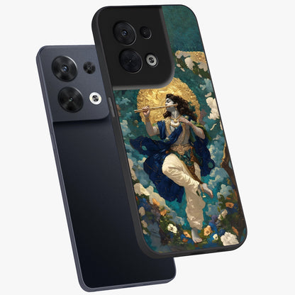 Divine Krishna Art Glass Case displayed in angled mockup highlighting spiritual Krishna illustration with devotional aesthetic.