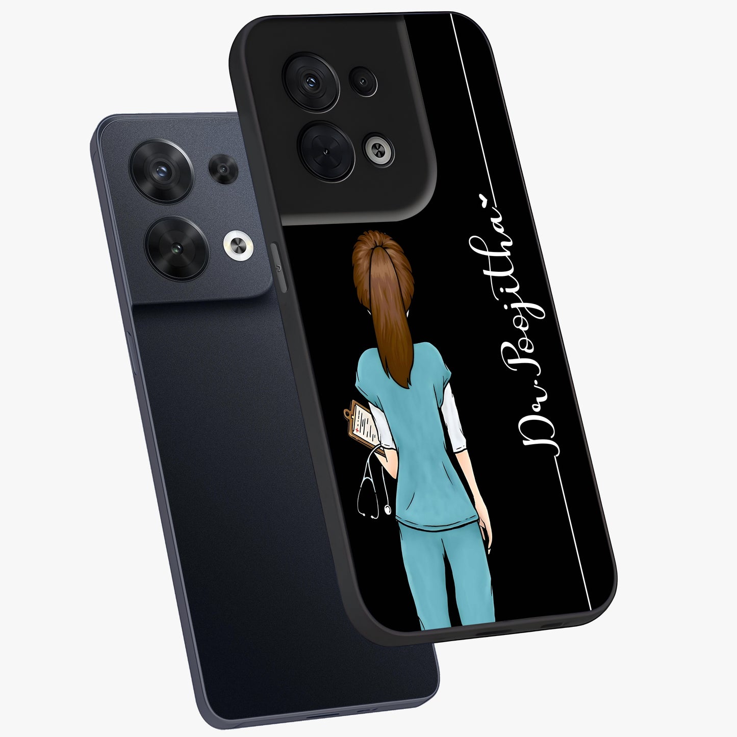 Doctor Pattern Custom Name Glass Case displayed in angled mockup highlighting doctor inspired artwork with custom name feature.