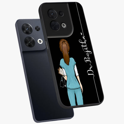 Doctor Pattern Custom Name Glass Case displayed in angled mockup highlighting doctor inspired artwork with custom name feature.