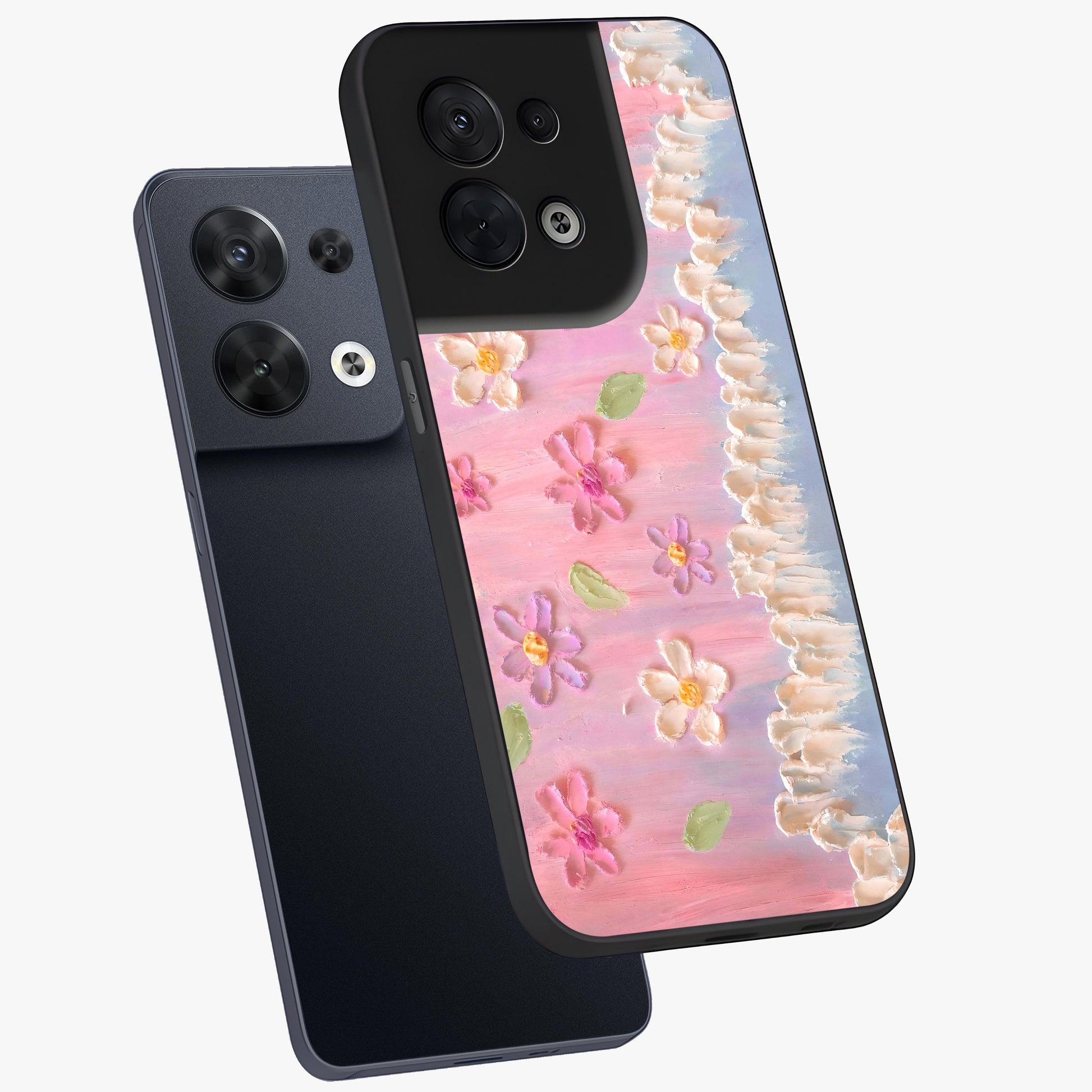 Dreamy Painted Garden Glass Case displayed in angled mockup highlighting colorful garden illustration with dreamy aesthetic style.