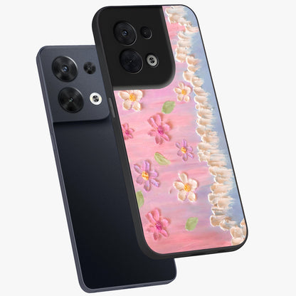 Dreamy Painted Garden Glass Case displayed in angled mockup highlighting colorful garden illustration with dreamy aesthetic style.