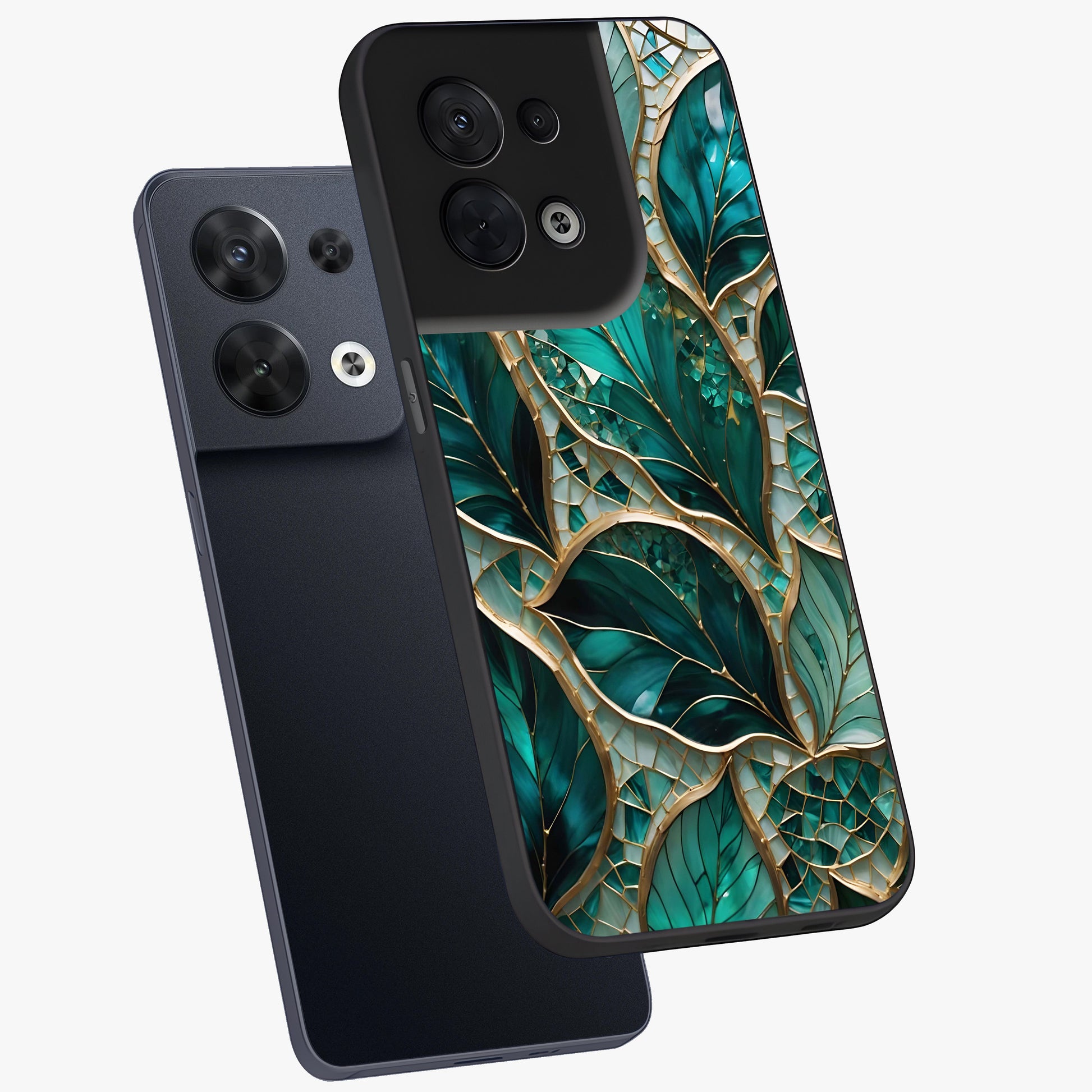 Emerald Leaf Glass Glass Case displayed in angled mockup highlighting botanical leaf illustration with elegant natural aesthetic.