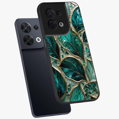 Emerald Leaf Glass Glass Case displayed in angled mockup highlighting botanical leaf illustration with elegant natural aesthetic.