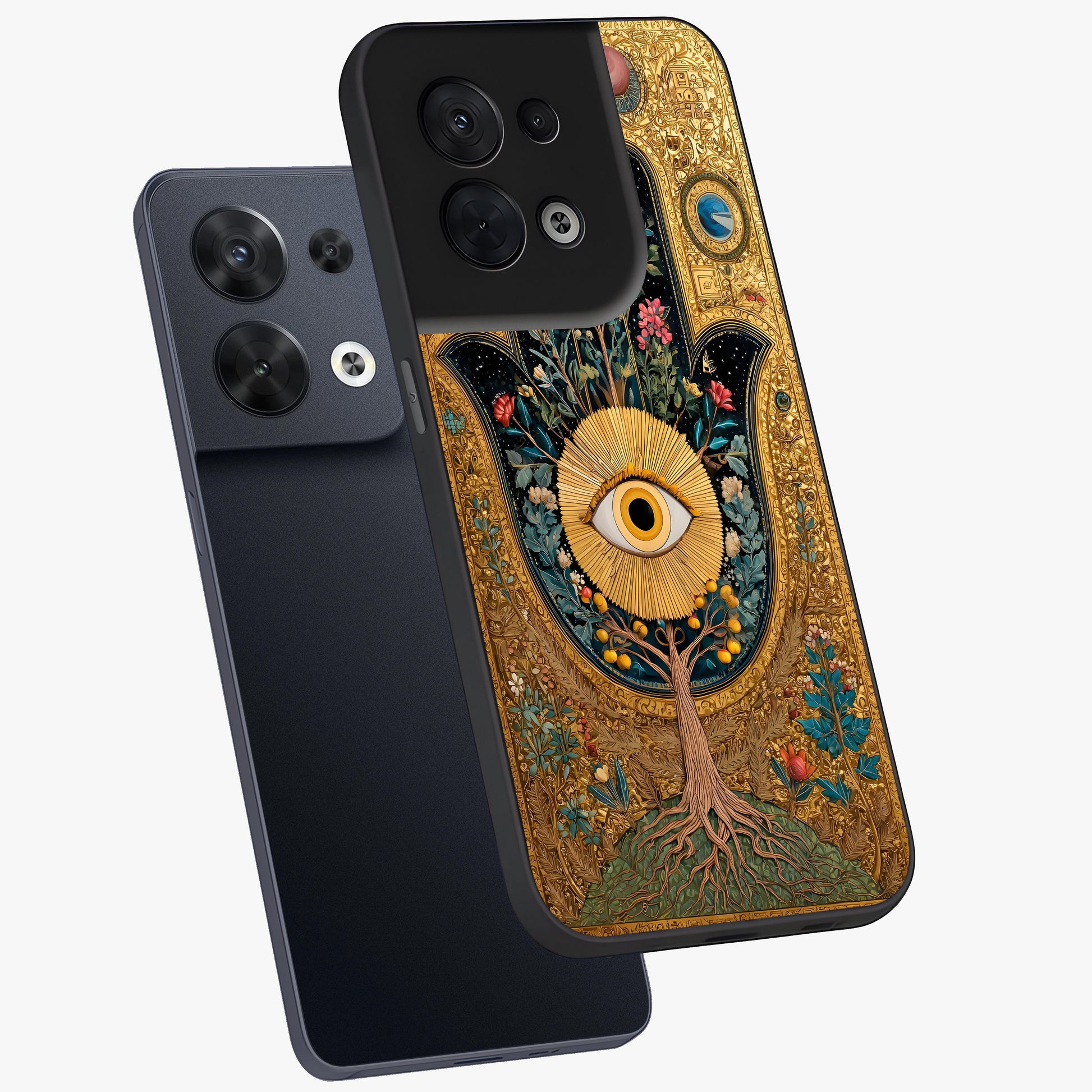 Ethereal Evil Eye Glass Case displayed in angled mockup highlighting protective evil eye symbol with spiritual aesthetic design.