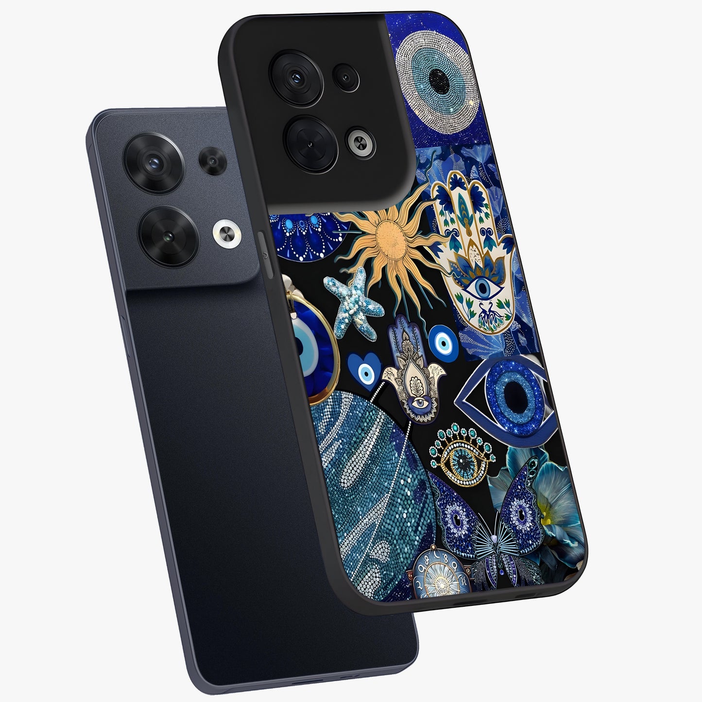Evil Eye Charm Mix Glass Case displayed in angled mockup highlighting protective evil eye symbols with spiritual aesthetic design.