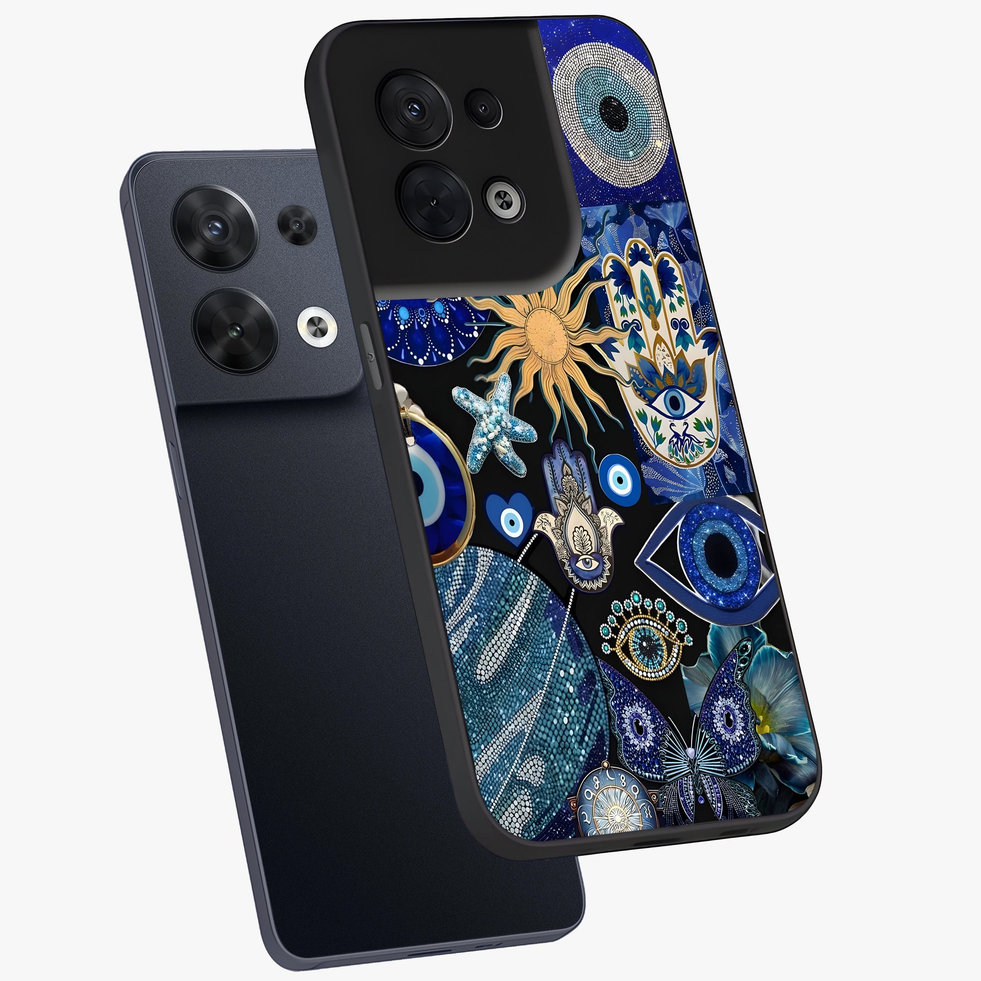 Evil Eye Charm Mix Glass Case displayed in angled mockup highlighting protective evil eye symbols with spiritual aesthetic design.