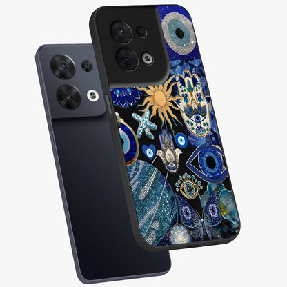 Evil Eye Charm Mix Glass Case displayed in angled mockup highlighting protective evil eye symbols with spiritual aesthetic design.