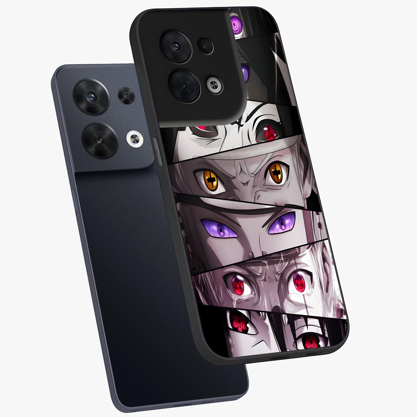 Eyes of Destiny Glass Case displayed in angled mockup highlighting bold eye illustration with mystical aesthetic style.