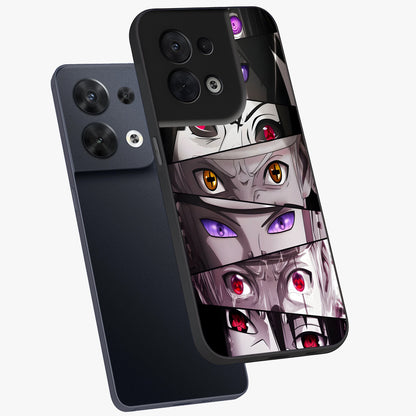 Eyes of Destiny Glass Case displayed in angled mockup highlighting bold eye illustration with mystical aesthetic style.