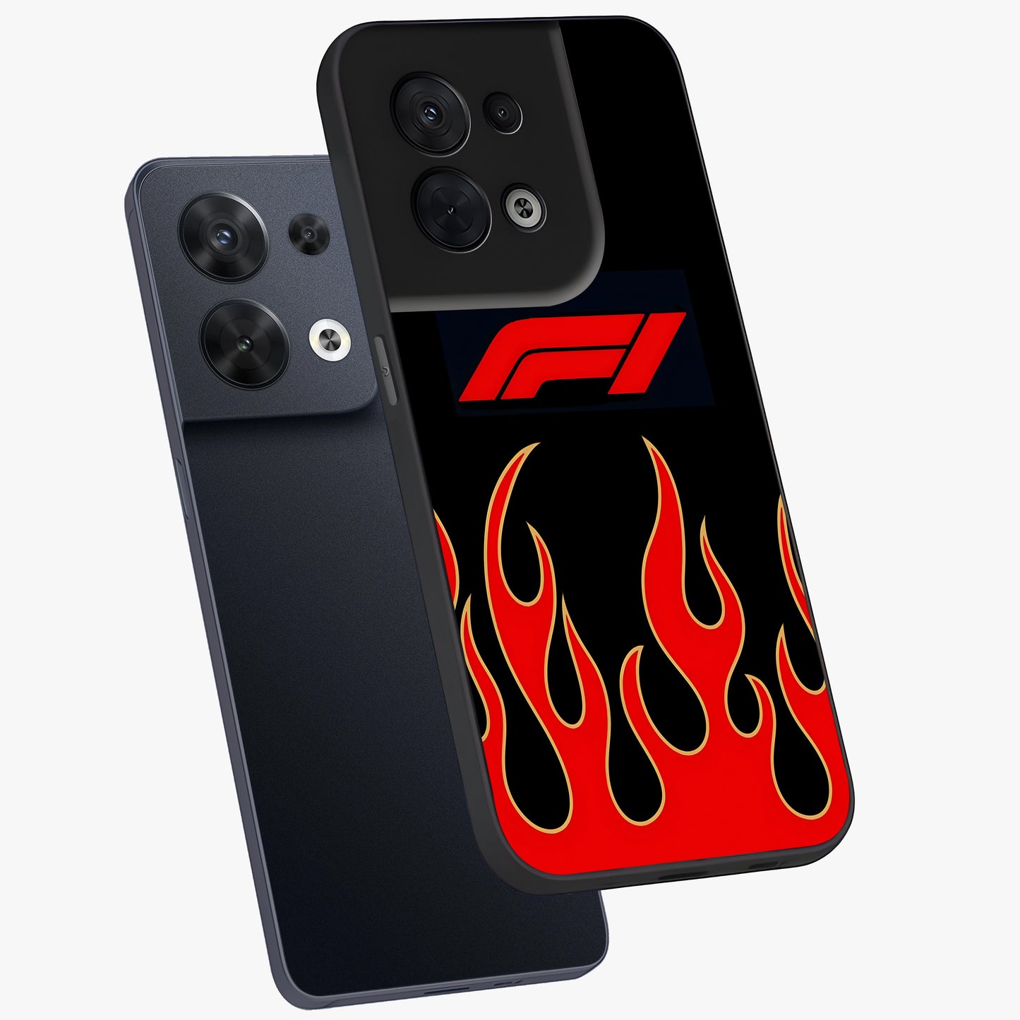 Fire F11 Glass Case displayed in angled mockup highlighting bold fire inspired graphic with energetic aesthetic style.