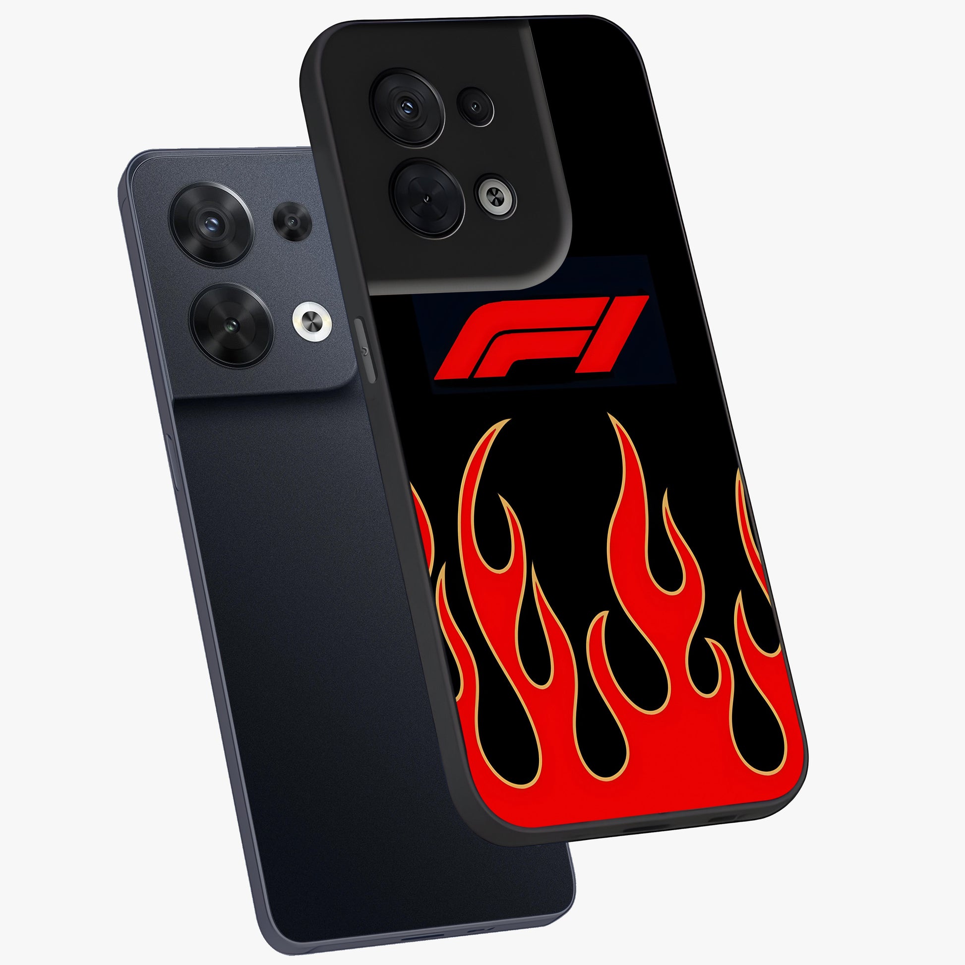 Fire F11 Glass Case displayed in angled mockup highlighting bold fire inspired graphic with energetic aesthetic style.