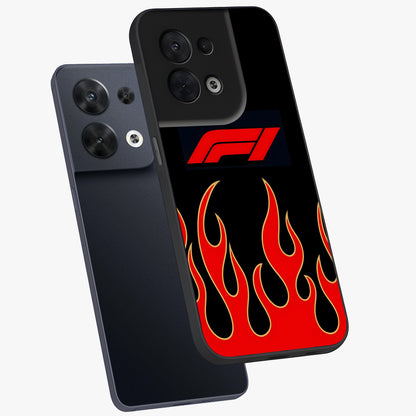 Fire F11 Glass Case displayed in angled mockup highlighting bold fire inspired graphic with energetic aesthetic style.